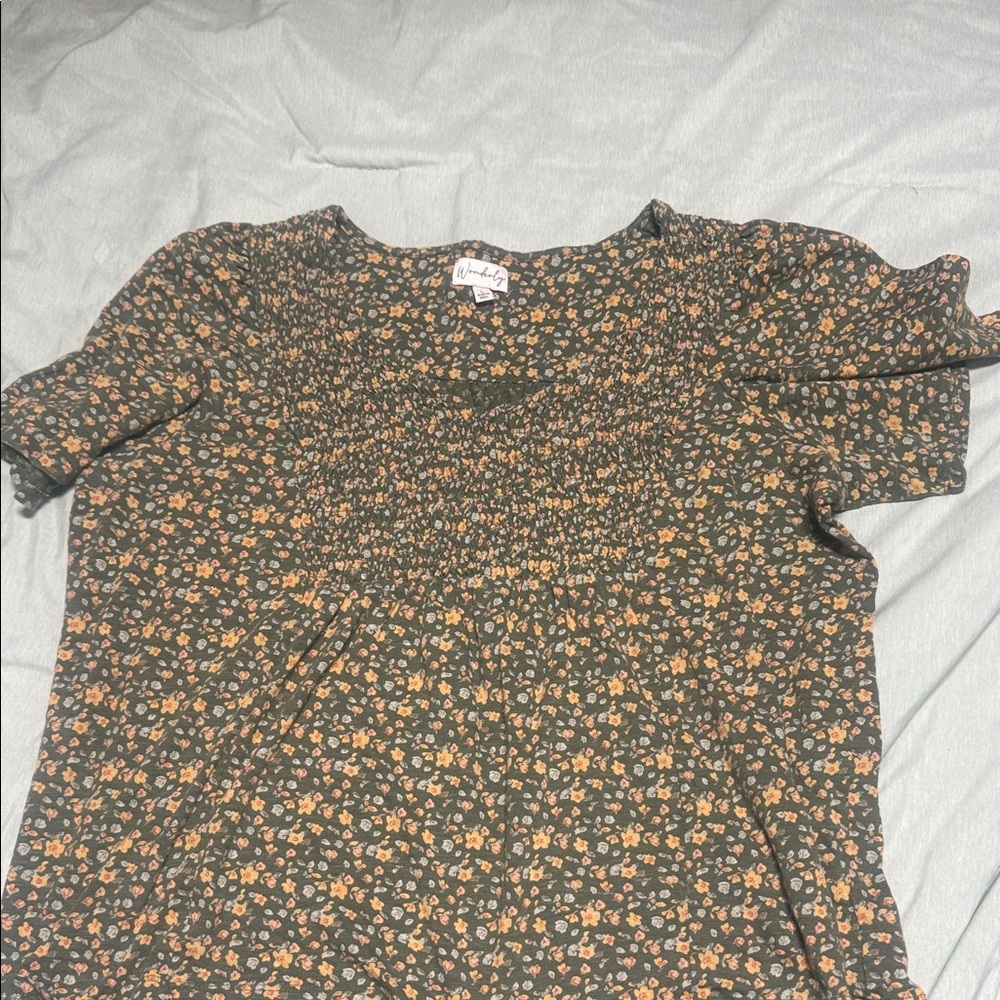 Universal Thread Floral Smocked Top - Green and Orange